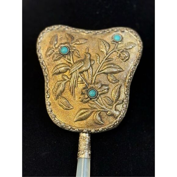 Vintage White Jade Hand Mirror Asian Bird Floral - Picture 7 of 10